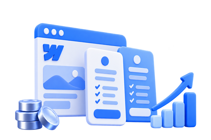 Light blue 3D illustration of Webflow website plans, pricing, and growth.